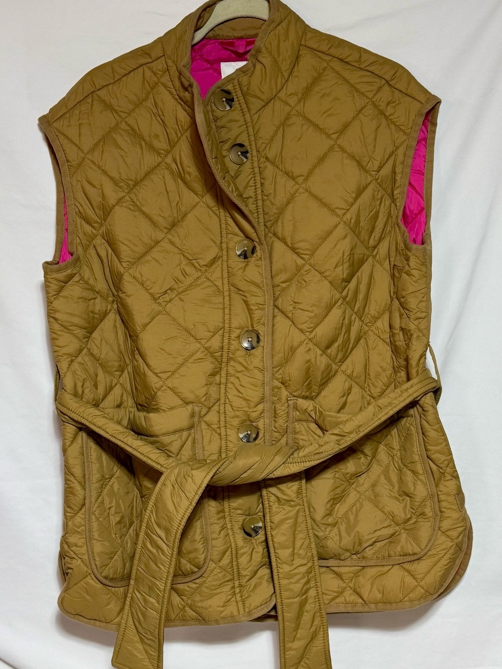 Free Assembly Women's Quilted Vest Belt Button-Up, Tan, Size Medium